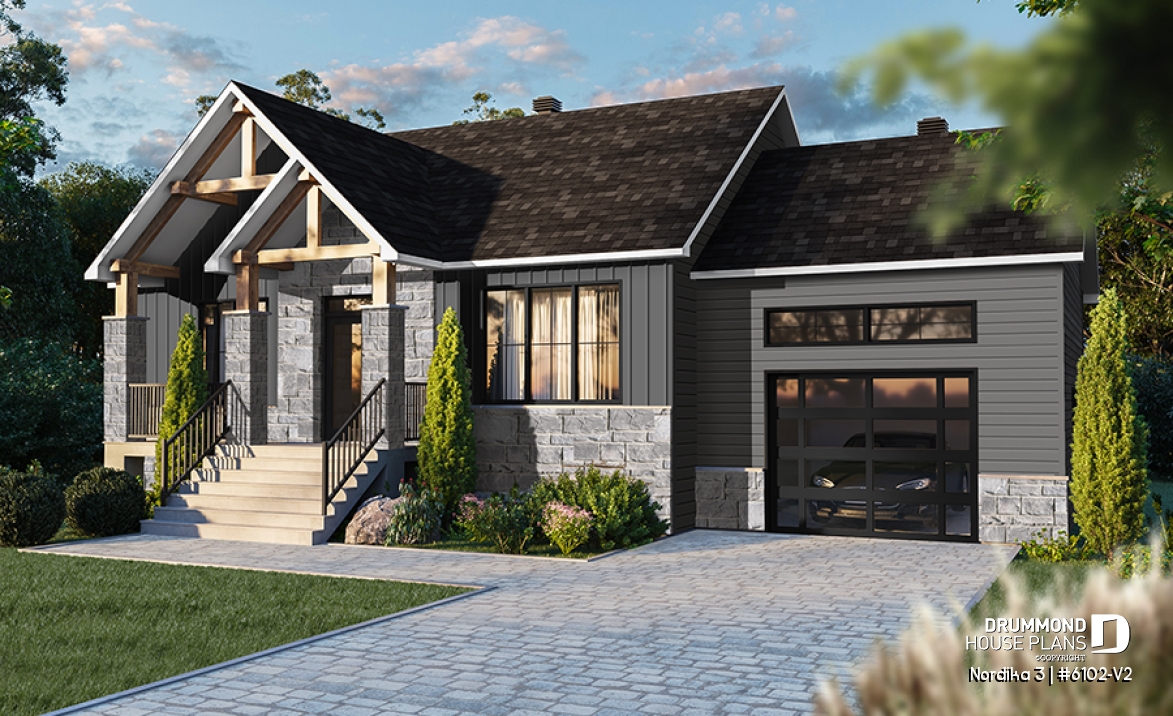 front - BASE MODEL - 2 bedroom ranch style house plan with garage, pantry, kitchen island and open floor plan concept - Nordika 3