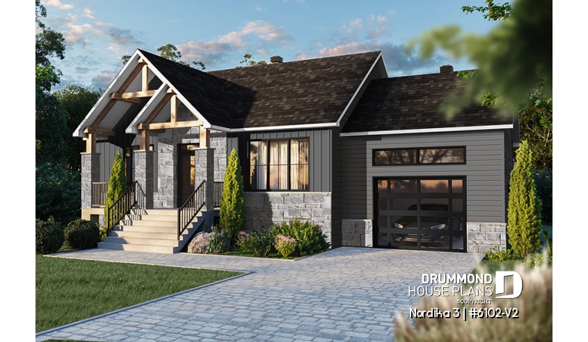front - BASE MODEL - 2 bedroom ranch style house plan with garage, pantry, kitchen island and open floor plan concept - Nordika 3