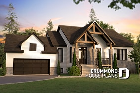 front - BASE MODEL - One-storey Craftsman bungalow house plan with garage, 3 bedrooms on same floor, large laundry, pantry - Nordika 4