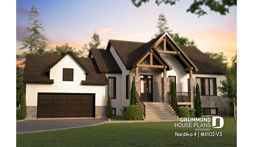 front - BASE MODEL - One-storey Craftsman bungalow house plan with garage, 3 bedrooms on same floor, large laundry, pantry - Nordika 4