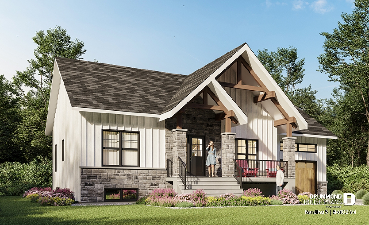 front - BASE MODEL - Craftsman 2 bedroom house plan, one-car garage, open concept, pantry, laundry chute - Nordika 5