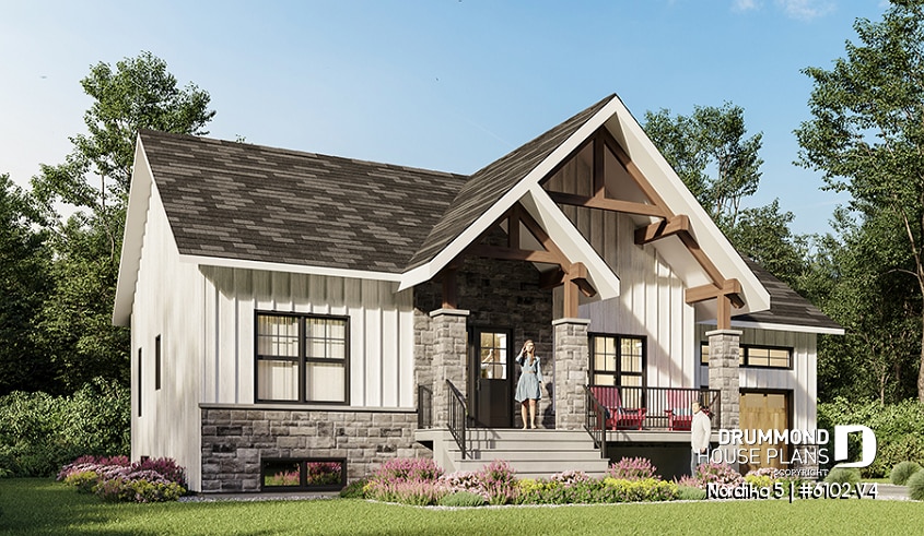 front - BASE MODEL - Craftsman 2 bedroom house plan, one-car garage, open concept, pantry, laundry chute - Nordika 5