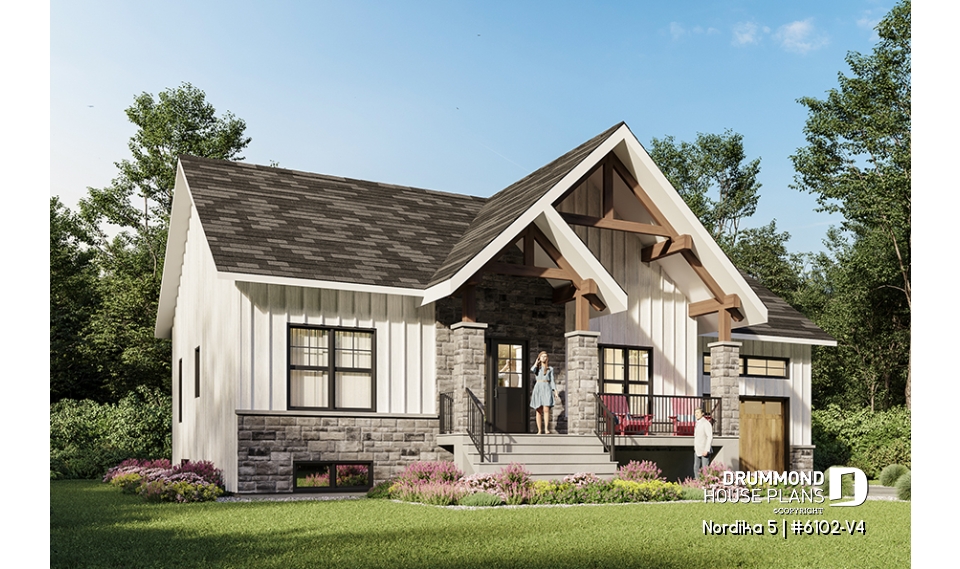 front - BASE MODEL - Craftsman 2 bedroom house plan, one-car garage, open concept, pantry, laundry chute - Nordika 5