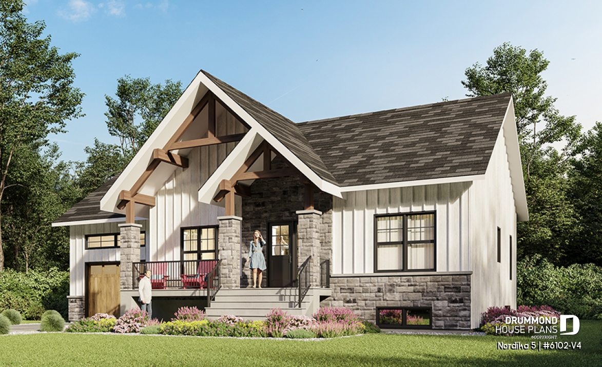 front - BASE MODEL - Craftsman 2 bedroom house plan, one-car garage, open concept, pantry, laundry chute - Nordika 5