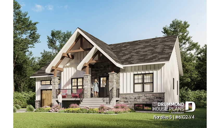 front - BASE MODEL - Craftsman 2 bedroom house plan, one-car garage, open concept, pantry, laundry chute - Nordika 5
