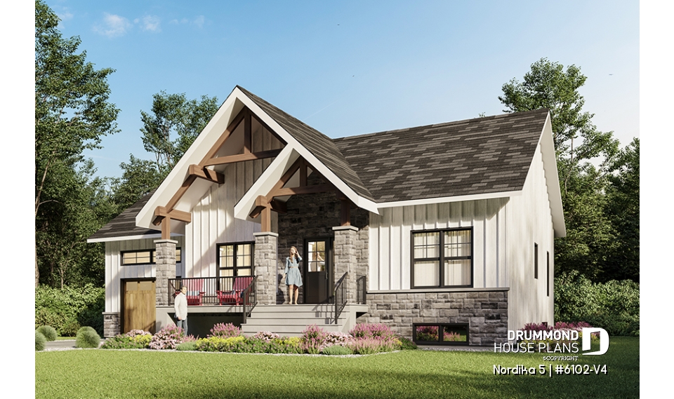 front - BASE MODEL - Craftsman 2 bedroom house plan, one-car garage, open concept, pantry, laundry chute - Nordika 5