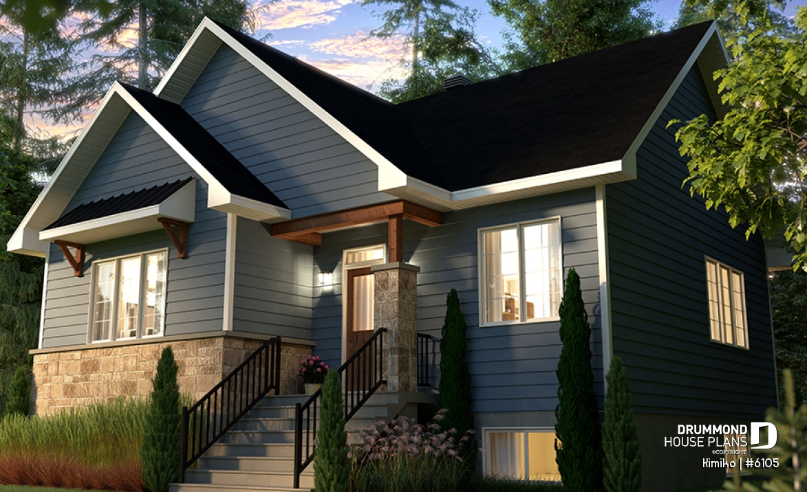 front - BASE MODEL - Economical 2 to 4 bedroom country farmhouse bungalow, open space, finished daylight basement (optional $) - Kimiko