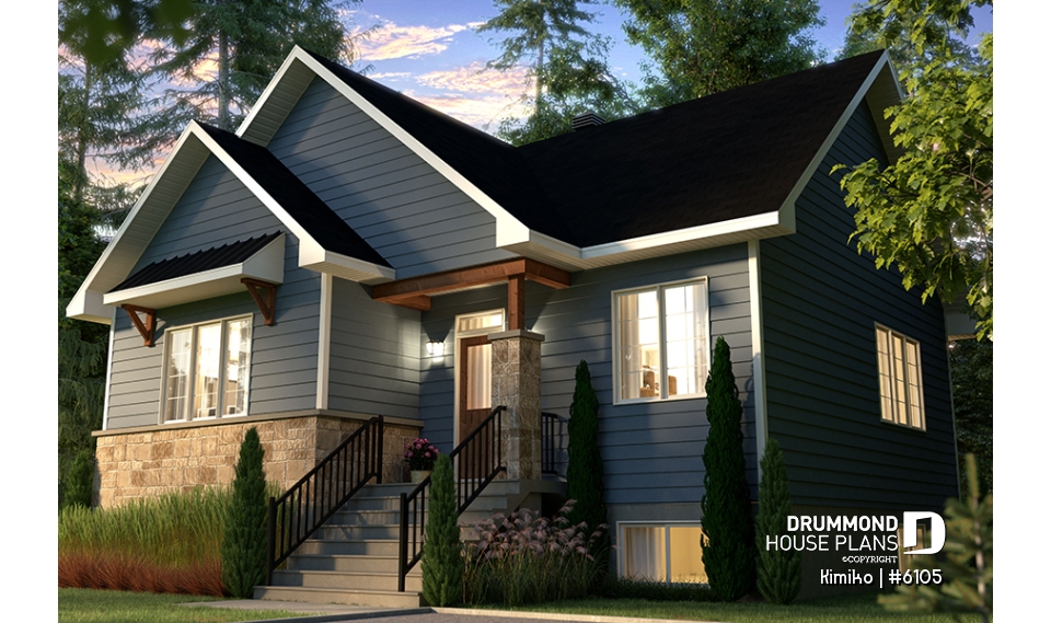 front - BASE MODEL - Economical 2 to 4 bedroom country farmhouse bungalow, open space, finished daylight basement (optional $) - Kimiko