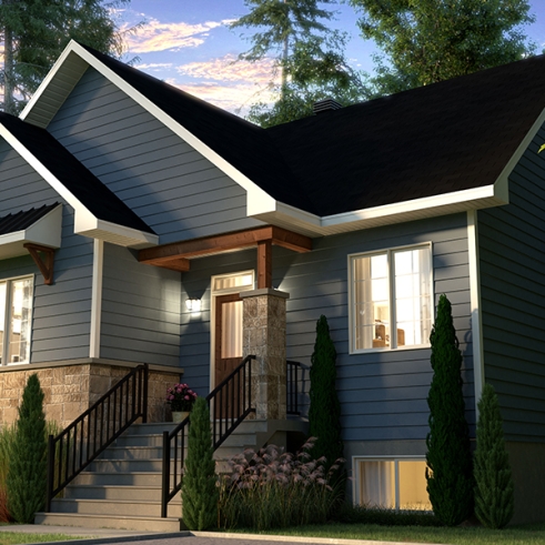 front - BASE MODEL - Economical 2 to 4 bedroom country farmhouse bungalow, open space, finished daylight basement (optional $) - Kimiko