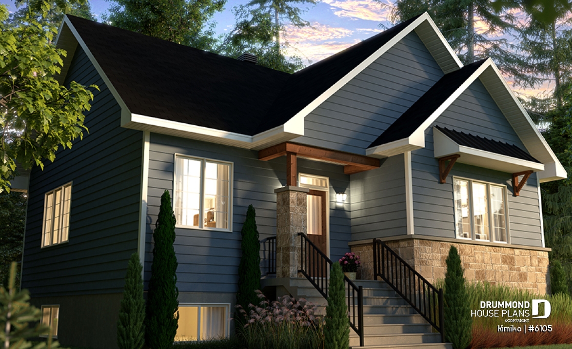 front - BASE MODEL - Economical 2 to 4 bedroom country farmhouse bungalow, open space, finished daylight basement (optional $) - Kimiko