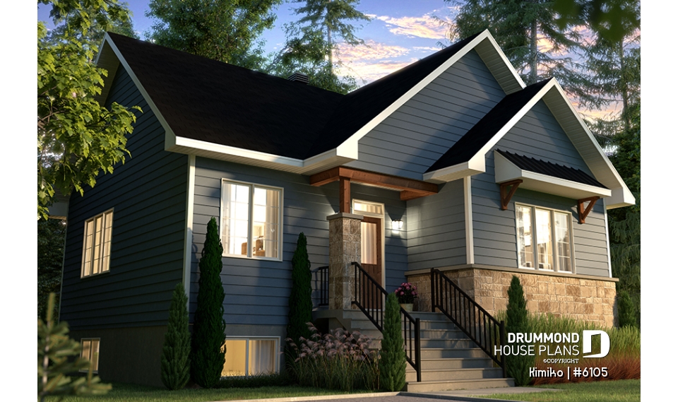 front - BASE MODEL - Economical 2 to 4 bedroom country farmhouse bungalow, open space, finished daylight basement (optional $) - Kimiko