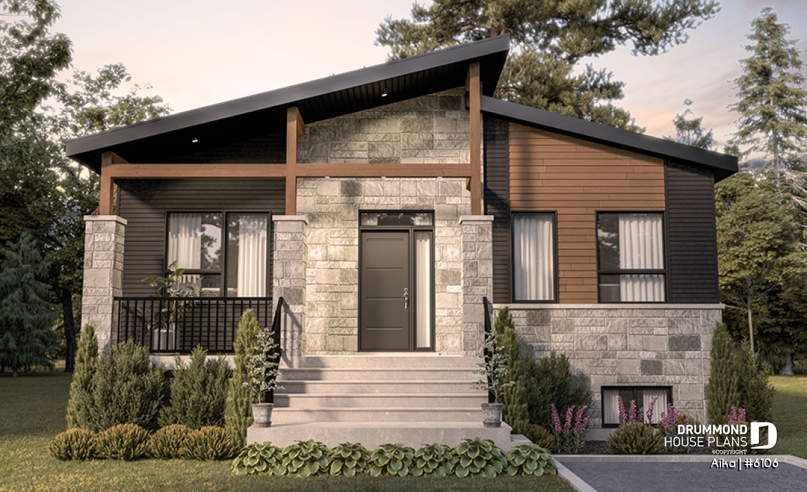 alternate - Modern one-storey house plan, 2 bedrooms, small &amp; efficient floor plan, living space at the back of house - Aika