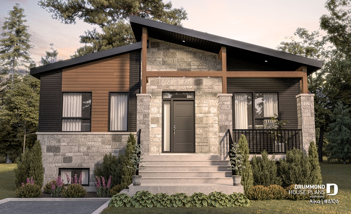 alternate - Modern one-storey house plan, 2 bedrooms, small &amp; efficient floor plan, living space at the back of house - Aika
