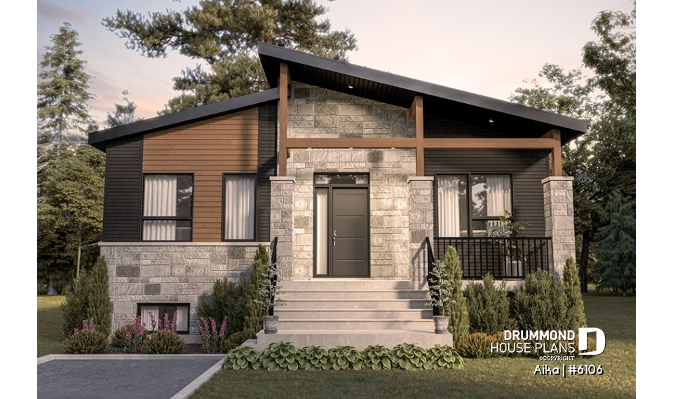 alternate - Modern one-storey house plan, 2 bedrooms, small &amp; efficient floor plan, living space at the back of house - Aika