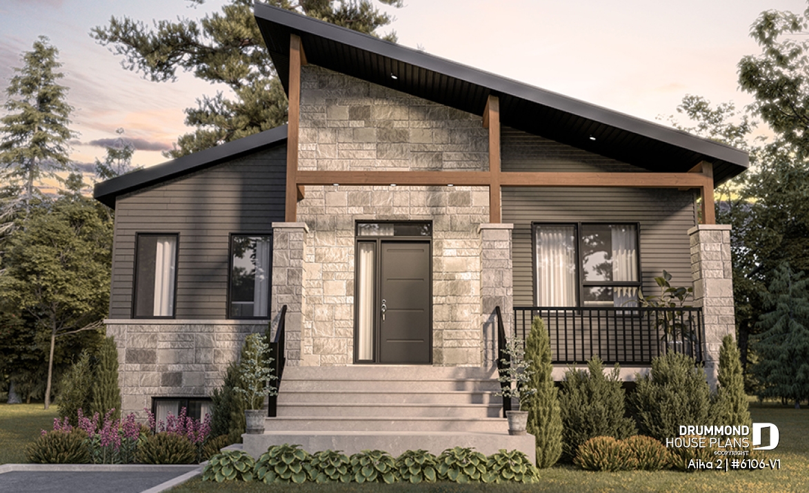 front - BASE MODEL - Single storey home plan, 1 to 4 beds, 2.5 baths, optional finished basement, living &amp; family rooms, 9' ceiling - Aika 2