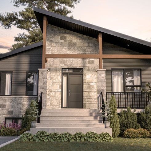 front - BASE MODEL - Single storey home plan, 1 to 4 beds, 2.5 baths, optional finished basement, living & family rooms, 9' ceiling - Aika 2