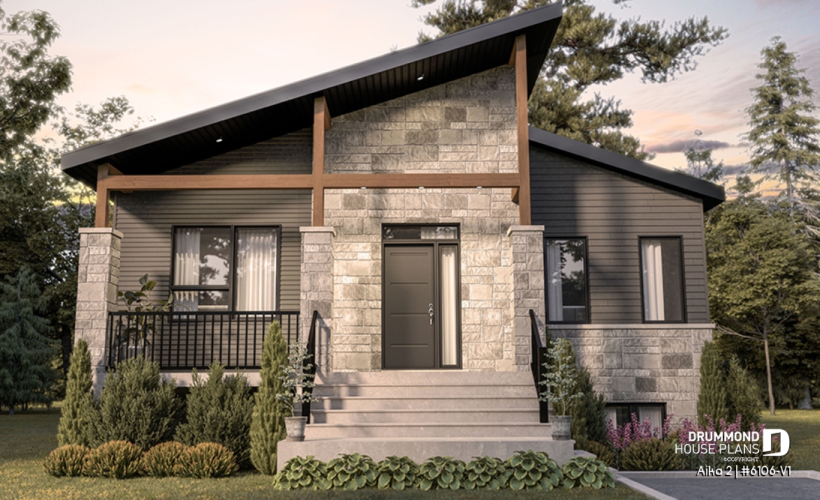 front - BASE MODEL - Single storey home plan, 1 to 4 beds, 2.5 baths, optional finished basement, living &amp; family rooms, 9' ceiling - Aika 2