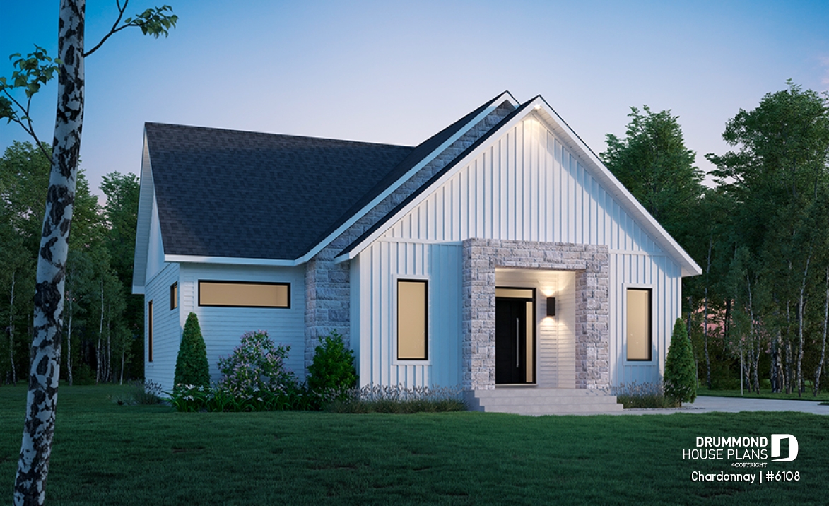front - BASE MODEL - Modern Scandinavian house plan with 2 bedrooms + den, master suite, pantry, mudroom - Chardonnay