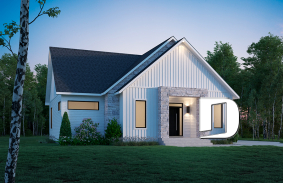 front - BASE MODEL - Modern Scandinavian house plan with 2 bedrooms + den, master suite, pantry, mudroom - Chardonnay