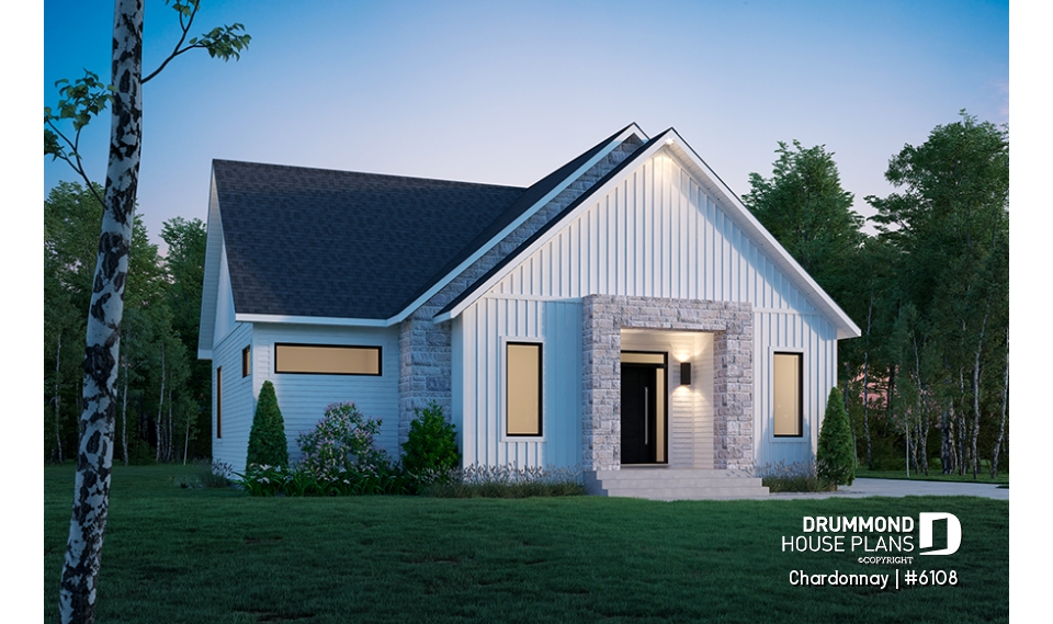 front - BASE MODEL - Modern Scandinavian house plan with 2 bedrooms + den, master suite, pantry, mudroom - Chardonnay