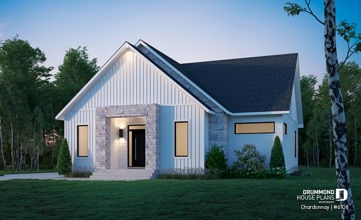 front - BASE MODEL - Modern Scandinavian house plan with 2 bedrooms + den, master suite, pantry, mudroom - Chardonnay