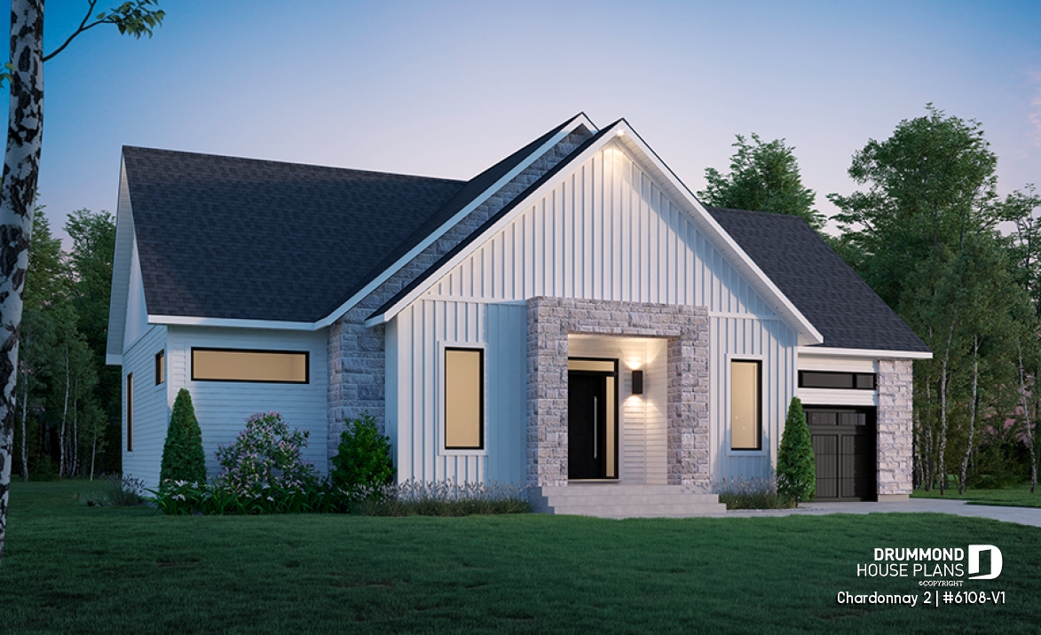 Color version 3 - Left - One-storey scandinavian house plan with 2 to 3 bedrooms and garage, 9' ceiling, pantry, mudroom - Chardonnay 2