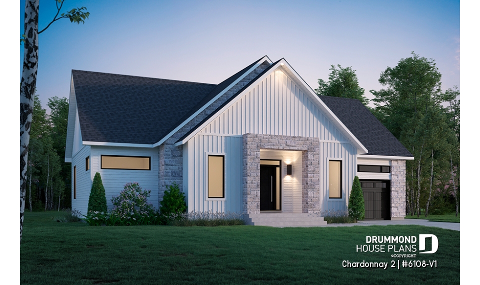 Color version 3 - Left - One-storey scandinavian house plan with 2 to 3 bedrooms and garage, 9' ceiling, pantry, mudroom - Chardonnay 2