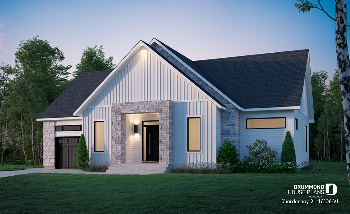 Color version 3 - Left - One-storey scandinavian house plan with 2 to 3 bedrooms and garage, 9' ceiling, pantry, mudroom - Chardonnay 2