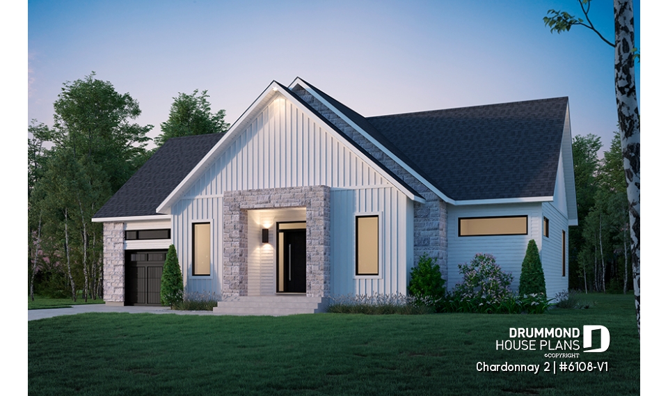 Color version 3 - Left - One-storey scandinavian house plan with 2 to 3 bedrooms and garage, 9' ceiling, pantry, mudroom - Chardonnay 2