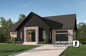 front - BASE MODEL - One-storey scandinavian house plan with 2 to 3 bedrooms and garage, 9' ceiling, pantry, mudroom - Chardonnay 2