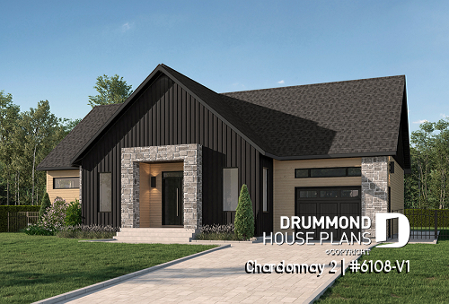 front - BASE MODEL - One-storey scandinavian house plan with 2 to 3 bedrooms and garage, 9' ceiling, pantry, mudroom - Chardonnay 2