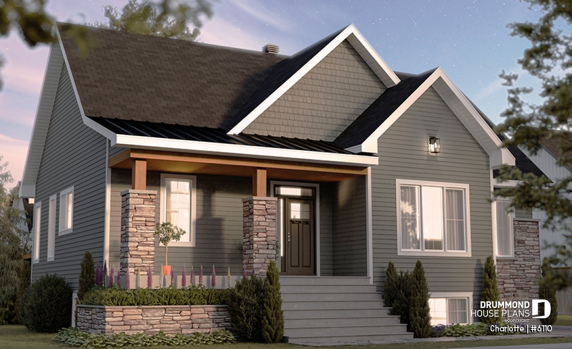 front - BASE MODEL - Country ranch house plan with 3 bedrooms on main floor and up to 2 more beds on finished basement (optional $) - Charlotte