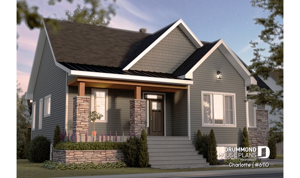 front - BASE MODEL - Country ranch house plan with 3 bedrooms on main floor and up to 2 more beds on finished basement (optional $) - Charlotte