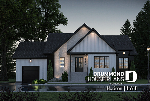 front - BASE MODEL - House plan from the Maibec X Drummond House Plans' collection featuring: 3 beds, garage, mudroom - Hudson