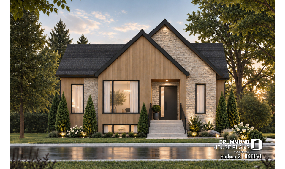 front - BASE MODEL - Modern Small Ranch House Plan with 3 Main-Floor Bedrooms and Up to 5 Bedrooms - Hudson 2