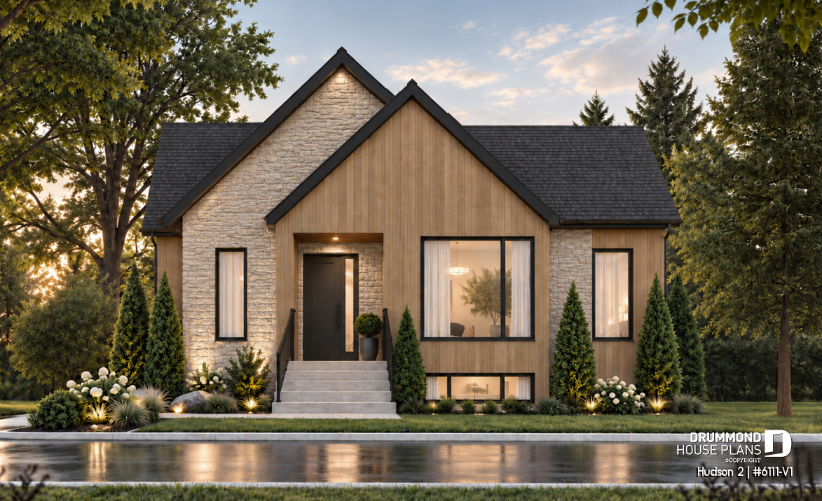 front - BASE MODEL - Modern Small Ranch House Plan with 3 Main-Floor Bedrooms and Up to 5 Bedrooms - Hudson 2