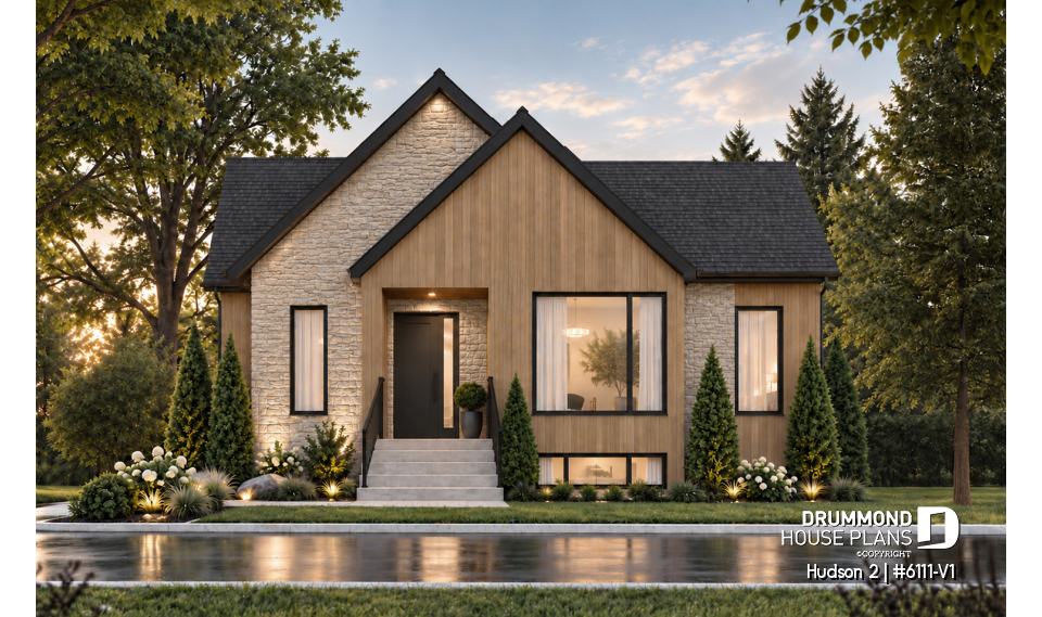 front - BASE MODEL - Modern Small Ranch House Plan with 3 Main-Floor Bedrooms and Up to 5 Bedrooms - Hudson 2
