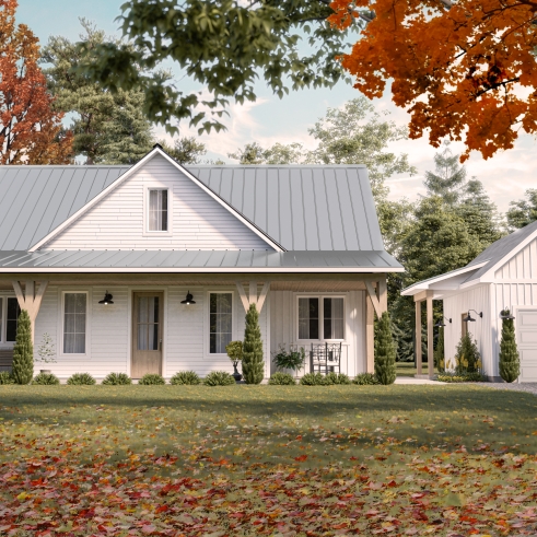 front - BASE MODEL - Country style one-story home on a slab, 3 beds, screened-in porch - Country Cottage