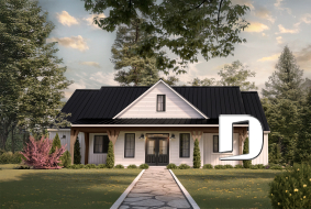 front - BASE MODEL - Modern Farmhouse Ranch Plan with 3 Bedrooms, Double Garage, Fireplace and Covered Outdoor Living - Country Cottage