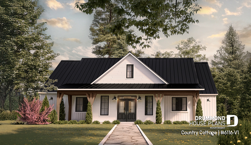 front - BASE MODEL - Modern Farmhouse Ranch Plan with 3 Bedrooms, Double Garage, Fireplace and Covered Outdoor Living - Country Cottage