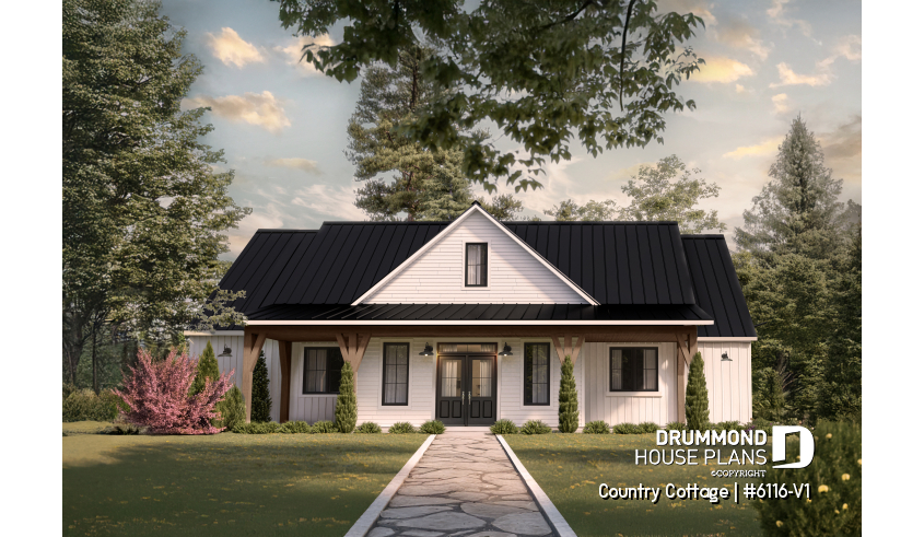 front - BASE MODEL - Modern Farmhouse Ranch Plan with 3 Bedrooms, Double Garage, Fireplace and Covered Outdoor Living - Country Cottage