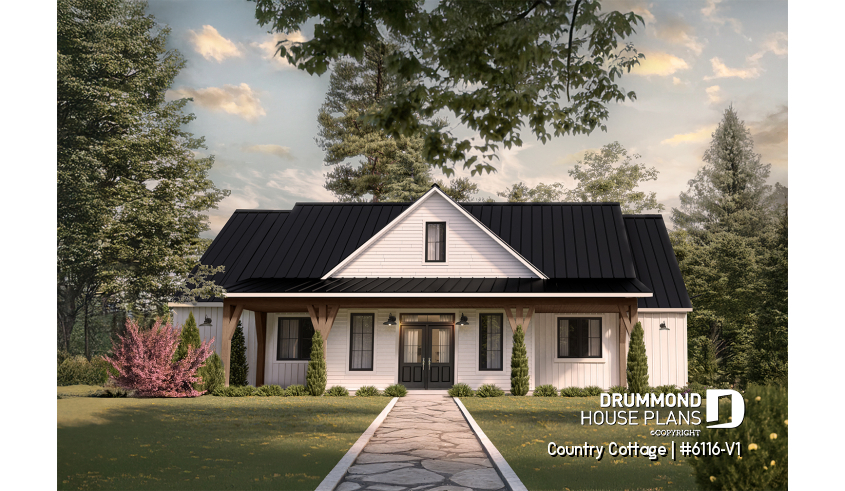 front - BASE MODEL - Modern Farmhouse Ranch Plan with 3 Bedrooms, Double Garage, Fireplace and Covered Outdoor Living - Country Cottage
