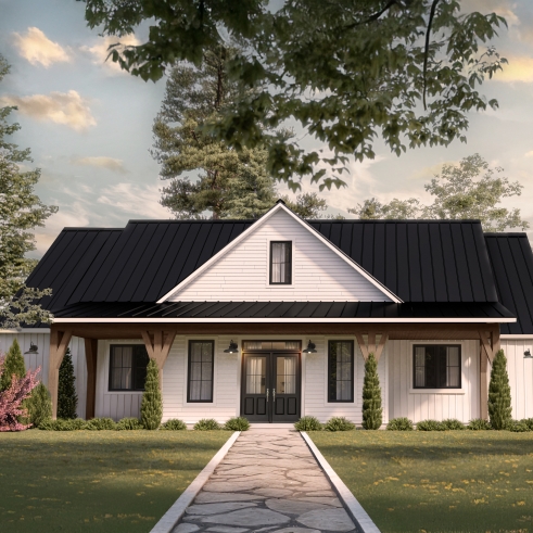 front - BASE MODEL - Modern Farmhouse Ranch Plan with 3 Bedrooms, Double Garage, Fireplace and Covered Outdoor Living - Country Cottage 2
