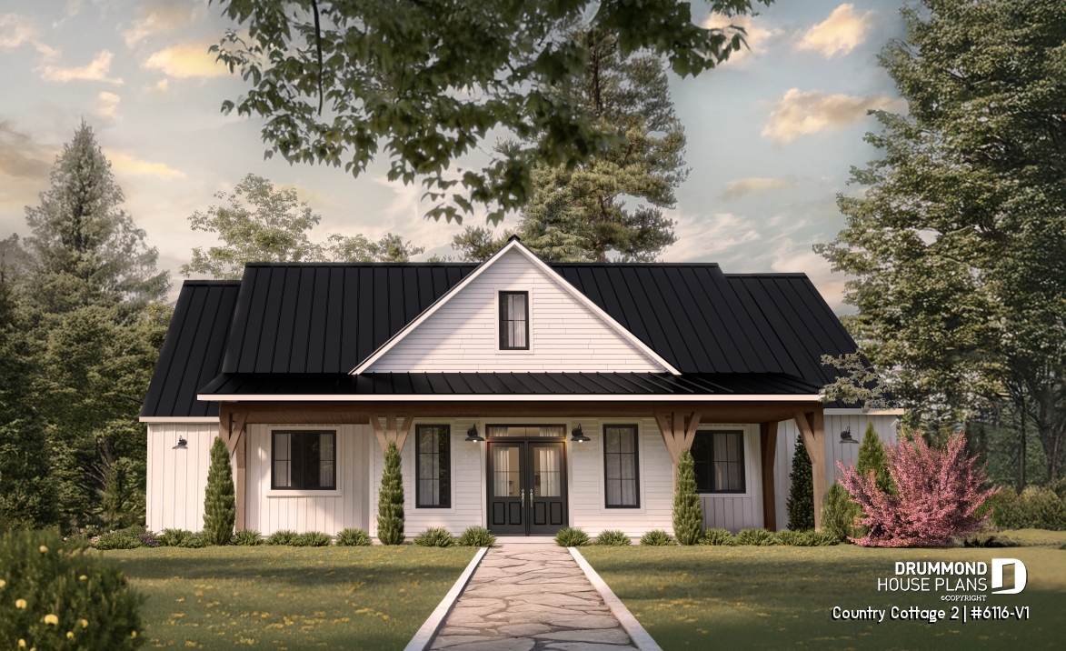 front - BASE MODEL - Modern Farmhouse Ranch Plan with 3 Bedrooms, Double Garage, Fireplace and Covered Outdoor Living - Country Cottage 2