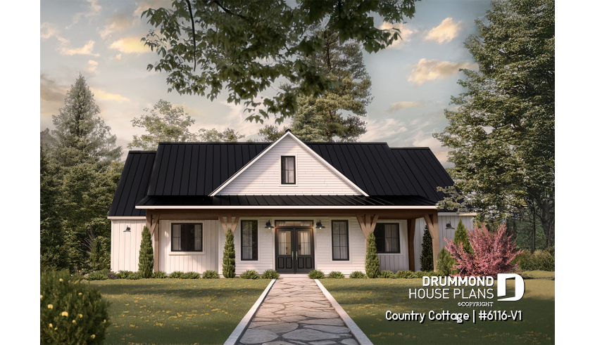 front - BASE MODEL - Modern Farmhouse Ranch Plan with 3 Bedrooms, Double Garage, Fireplace and Covered Outdoor Living - Country Cottage