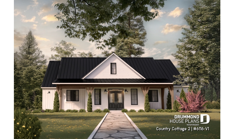 front - BASE MODEL - Modern Farmhouse Ranch Plan with 3 Bedrooms, Double Garage, Fireplace and Covered Outdoor Living - Country Cottage 2