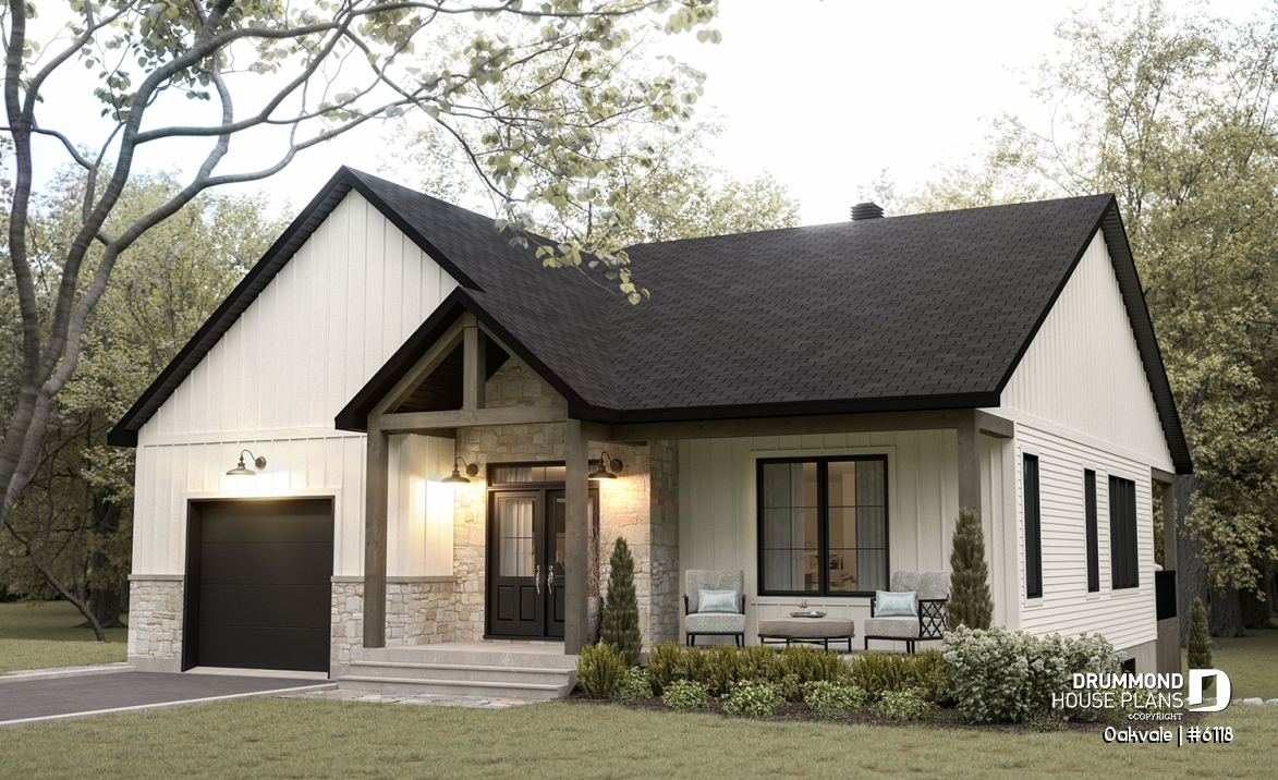 front - BASE MODEL - Country-style house plan with 2 to 4 bedrooms, optional finished basement ($), garage, open floor plan - Oakvale