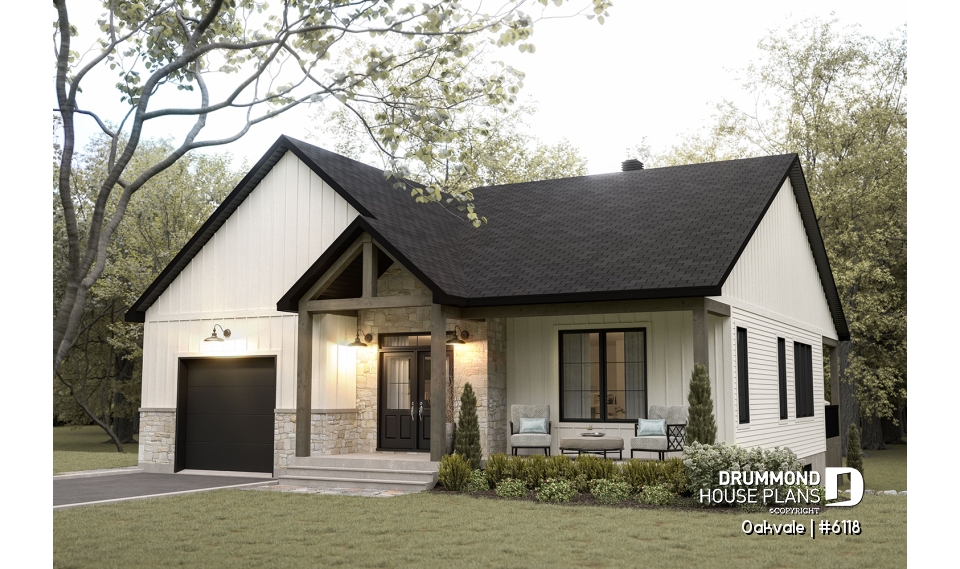 front - BASE MODEL - Country-style house plan with 2 to 4 bedrooms, optional finished basement ($), garage, open floor plan - Oakvale