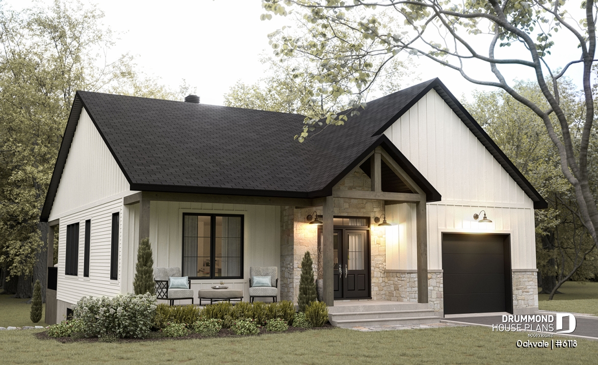 front - BASE MODEL - Country-style house plan with 2 to 4 bedrooms, optional finished basement ($), garage, open floor plan - Oakvale