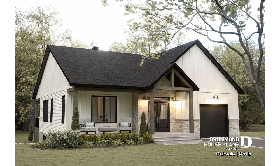 front - BASE MODEL - Country-style house plan with 2 to 4 bedrooms, optional finished basement ($), garage, open floor plan - Oakvale